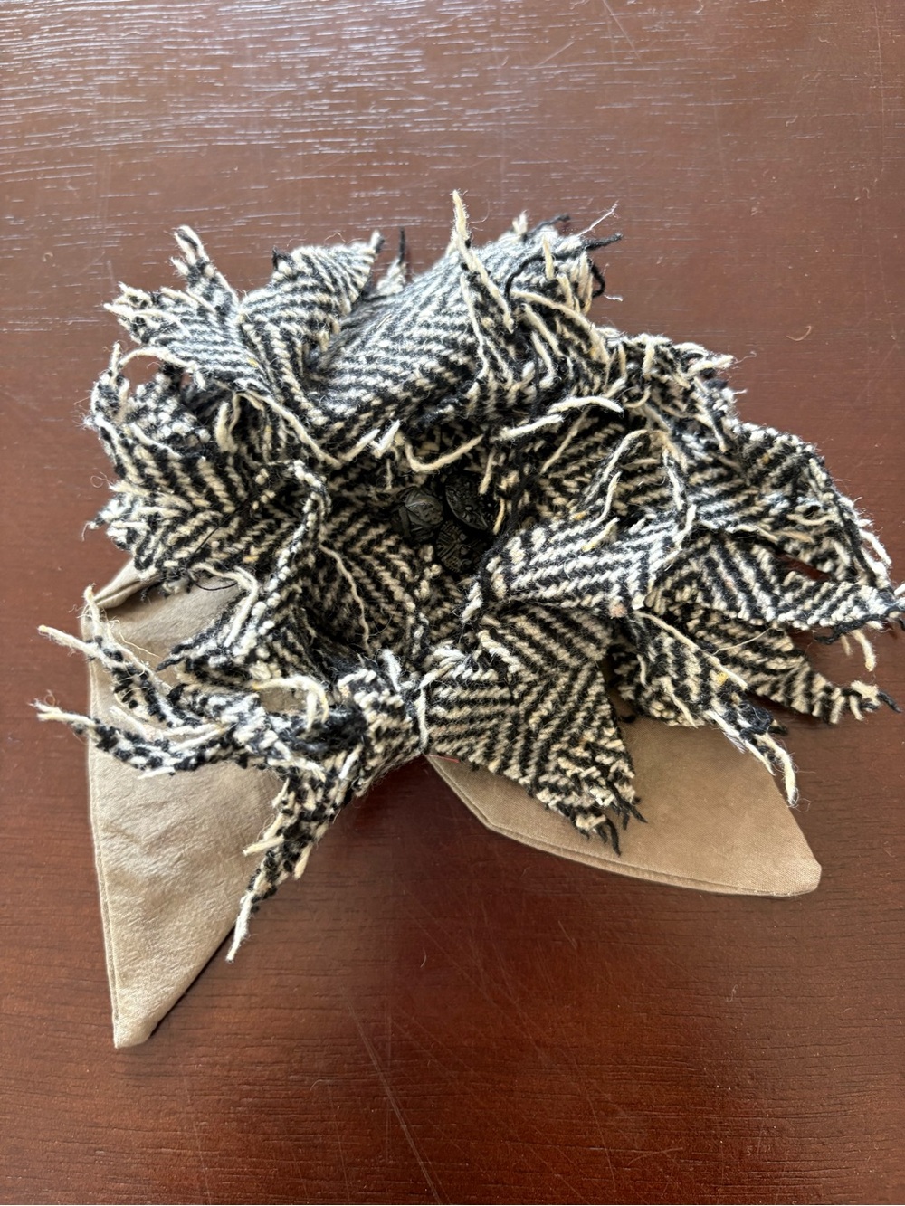 Fringed Black & Cream Fabric Flower Brooch - Women's Jewelry